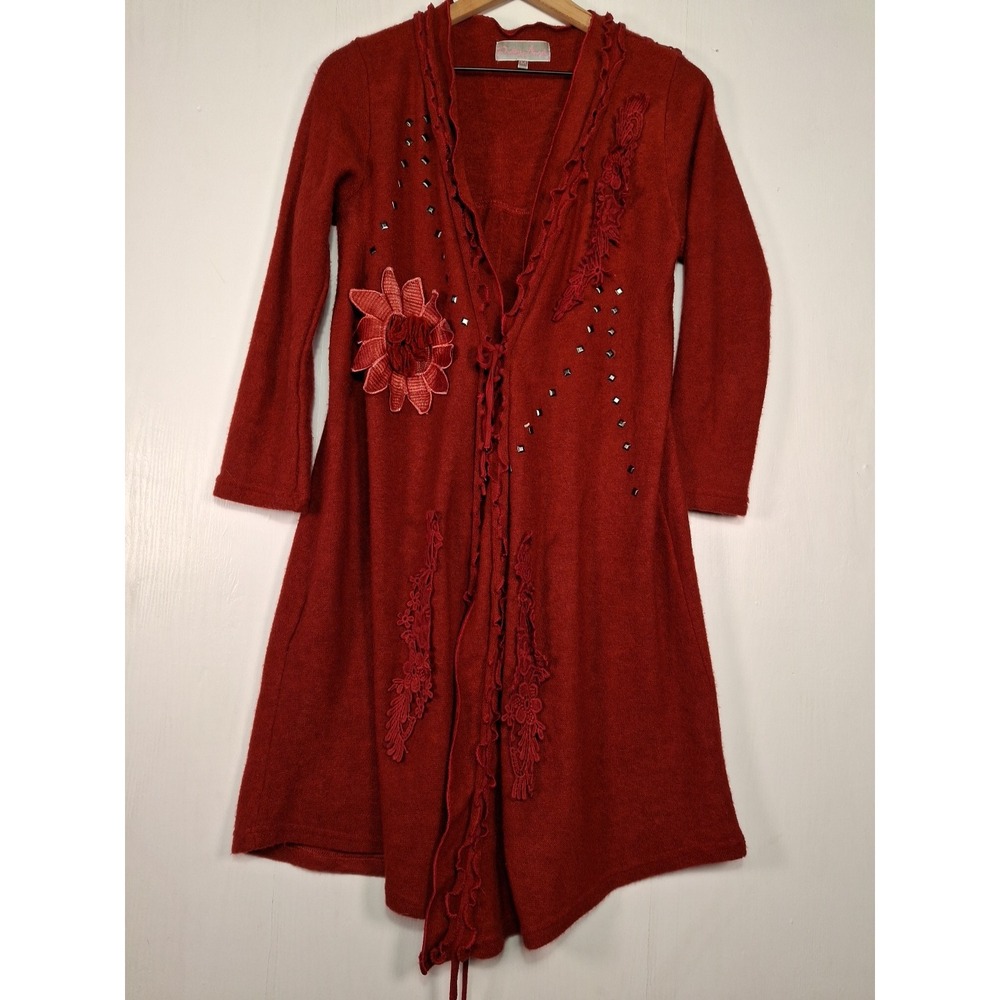 Pretty Angel Burgundy Boho Longline Cardigan Lace Floral Studded Red Medium